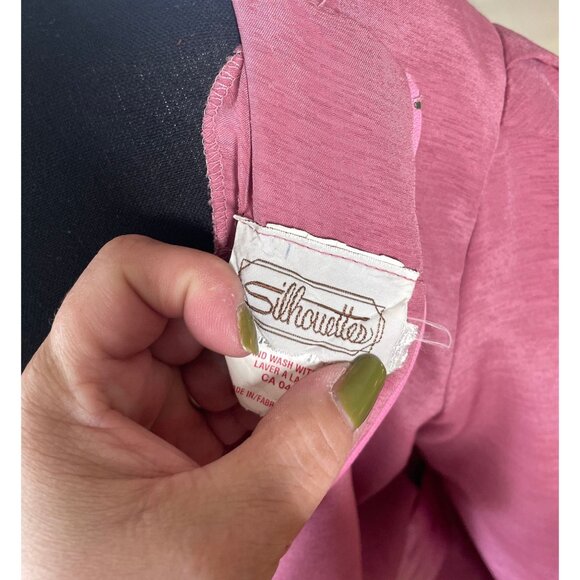 Vintage 80s gown, pink satin dress, long sleeves, modest officewear - Picture 8 of 9